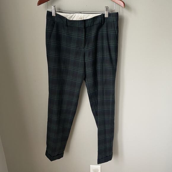 J Crew Cafe Capri Wool Blend Pants Womens Size 0 Plaid Green And Navy - Picture 1 of 10